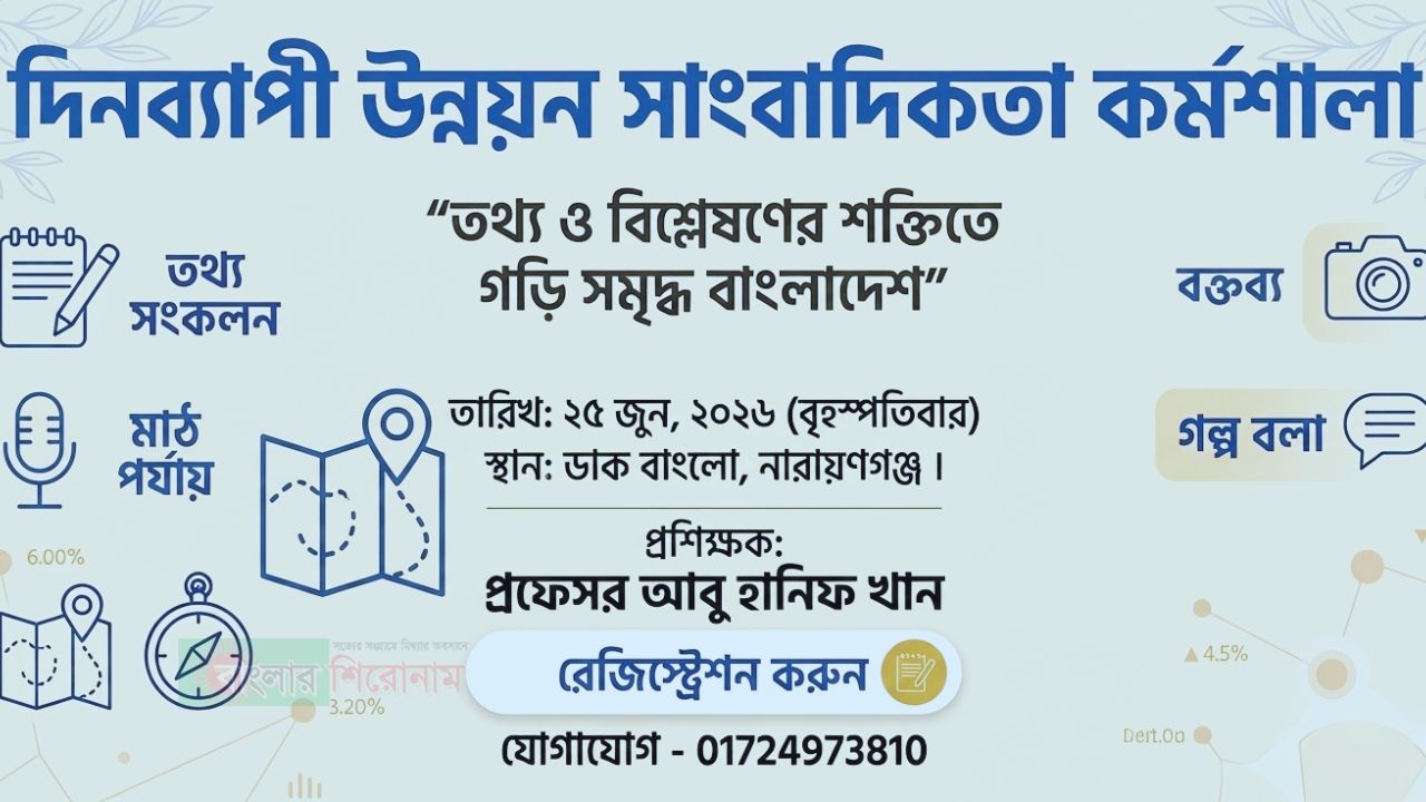 ​নারায়ণগঞ্জে ২৫ জুন দিনব্যাপী উন্নয়ন সাংবাদিকতা কর্মশালা অনুষ্ঠিত হবে