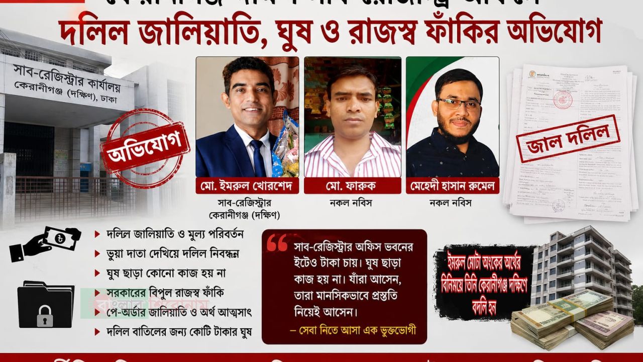 কেরানীগঞ্জ দক্ষিণ সাব-রেজিস্ট্রি অফিসে দলিল জালিয়াতি, ঘুষ ও রাজস্ব ফাঁকির অভিযোগ